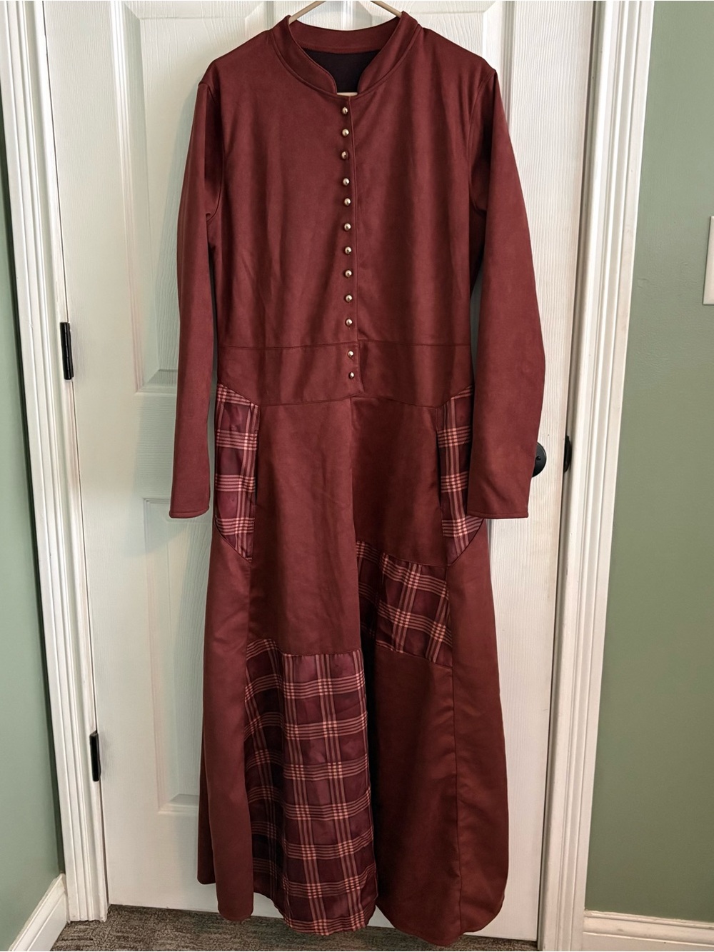 Brown and plaid patchwork long sleeve button front dress women’s M/L